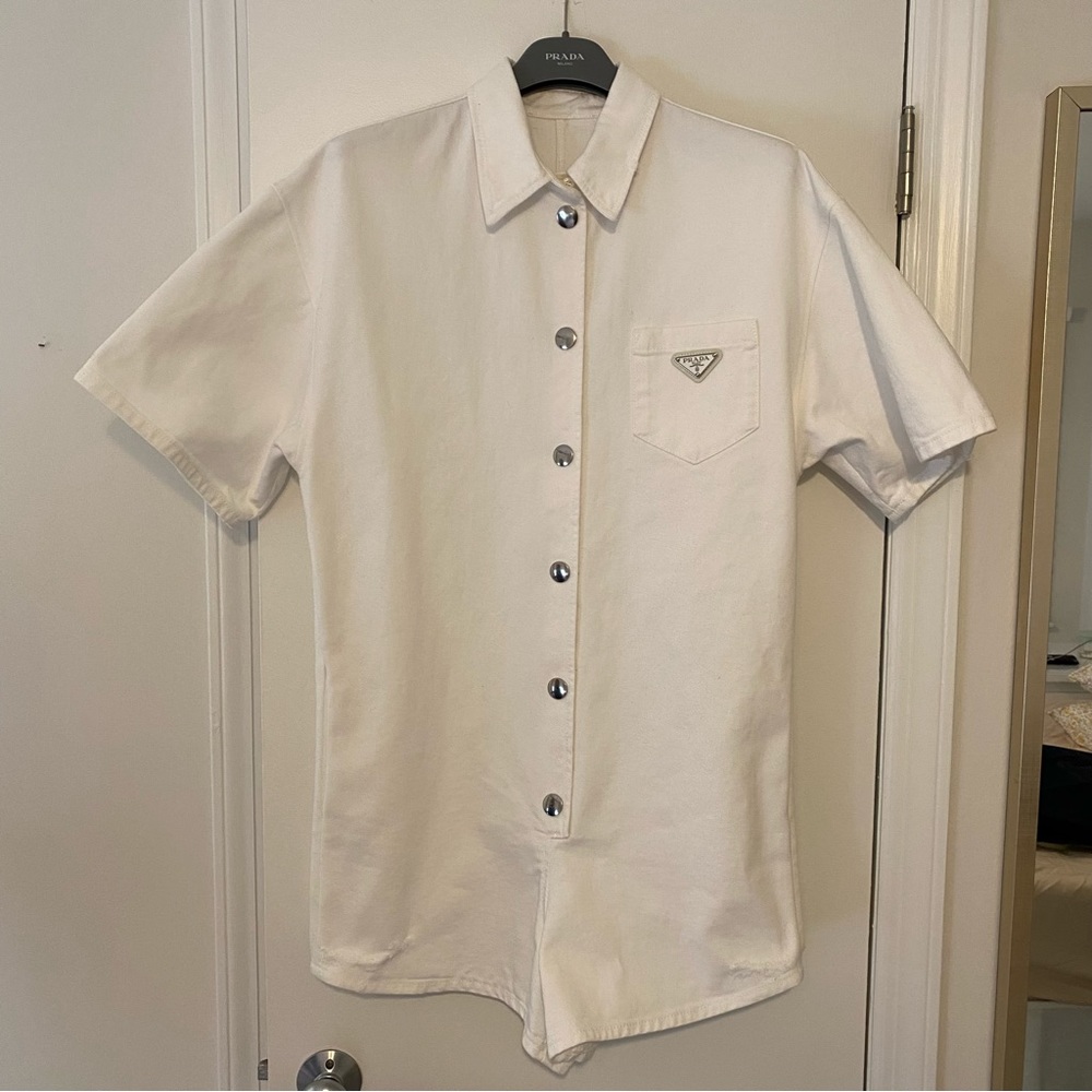 PRADA White Organic Denim Playsuit Romper